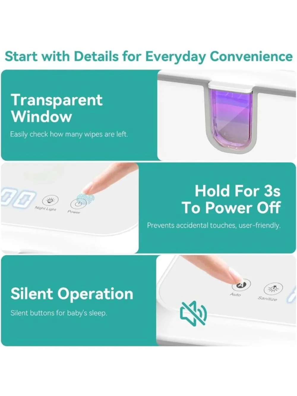 UV Sanitizing Wipe Warmer - Large Capacity, 3 Temp Settings, Night Light & Quiet